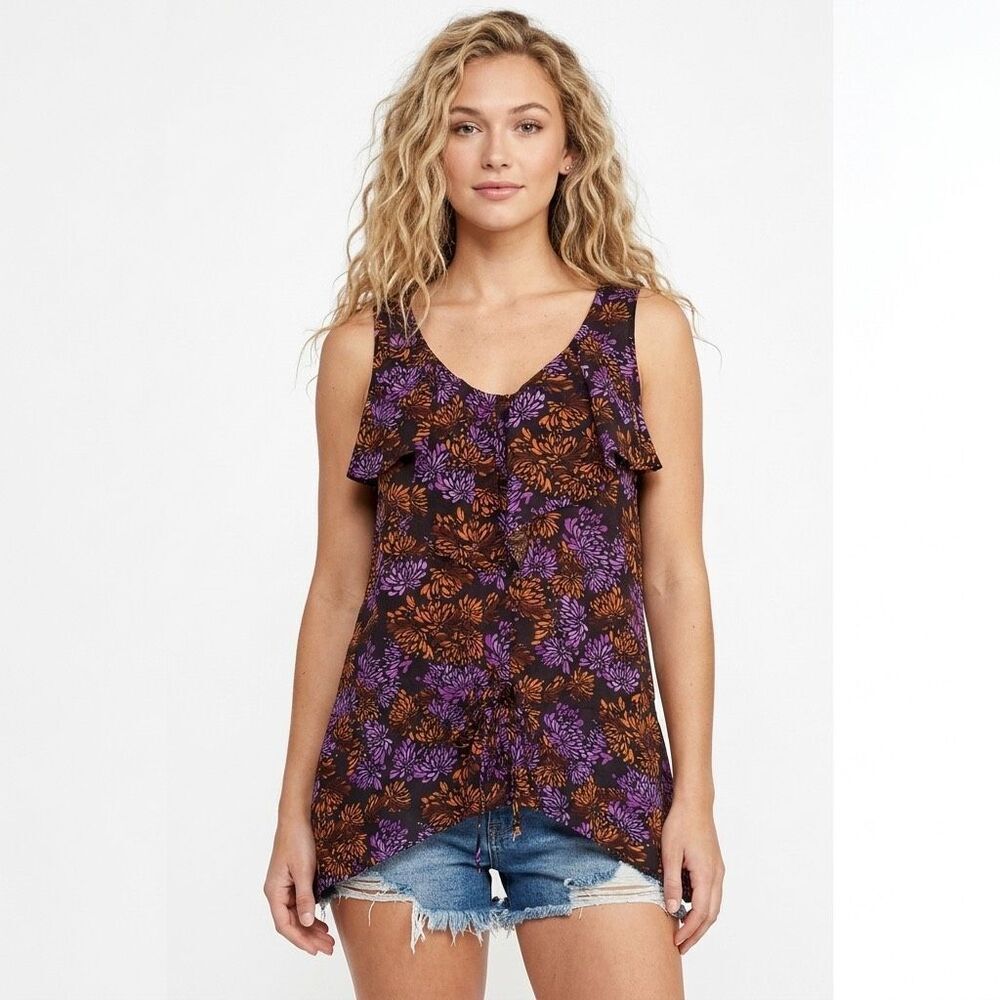 Anthropologie LIL 100% Silk Floral Ruffle V-Neck Tunic Top Tie Hem Purple Orange